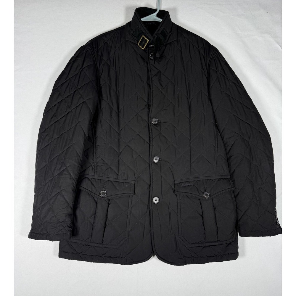 NEW Barbour Jacket Men's Large Quilted Lutz Black Full Zip Buckle Collar Coat